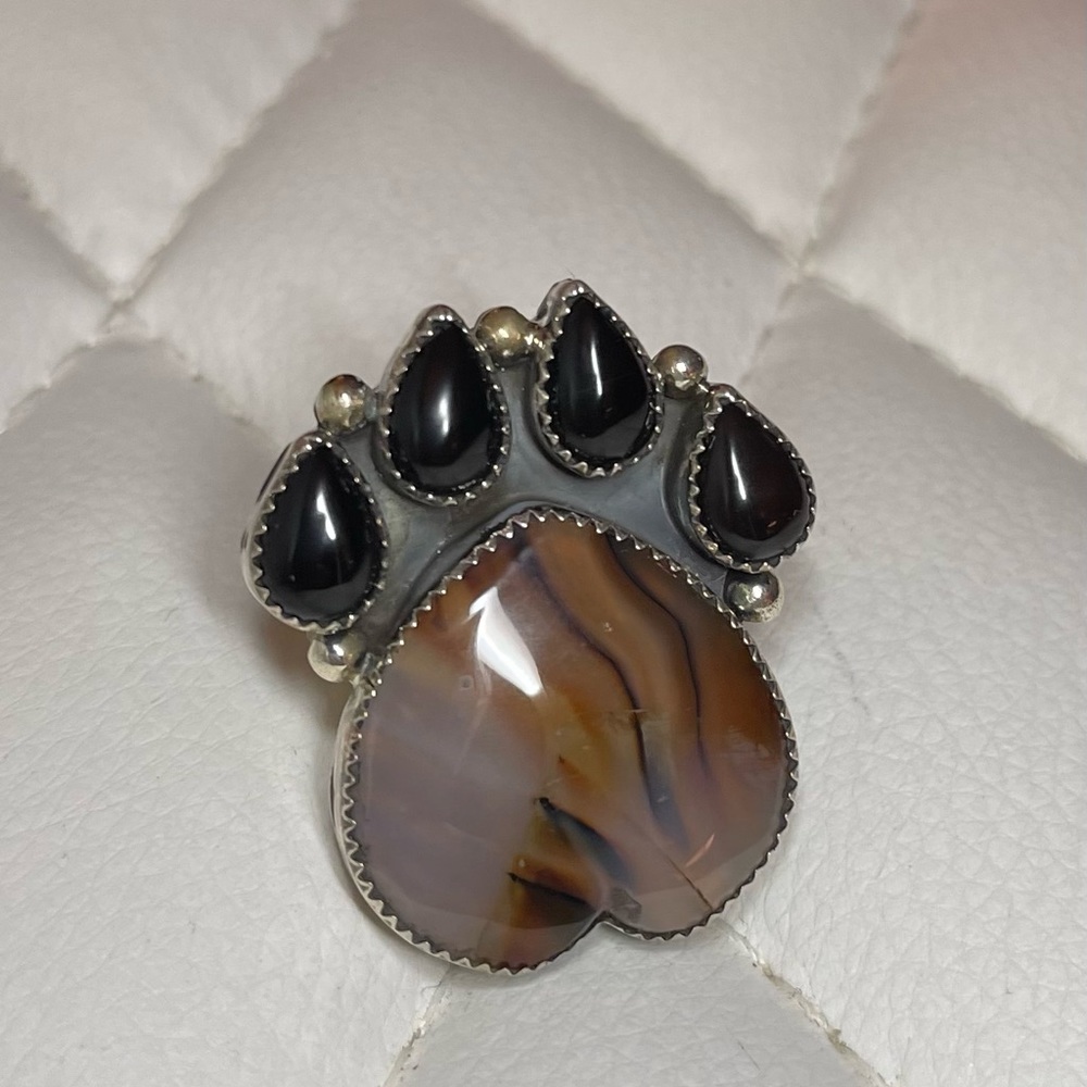 M&S Large Sterling Silver, Black Onyx and Montana Agate Ring Size 8